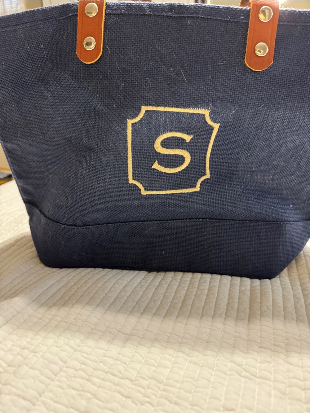 Monogrammed Navy Canvas Tote with Tan Leather Handles